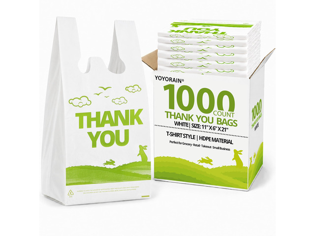 1000 Count White Thank You T-Shirt Bags, 11 x 6 x 21 in Durable HDPE with handles, Thank You print, reusable & disposable for grocery, retail,...