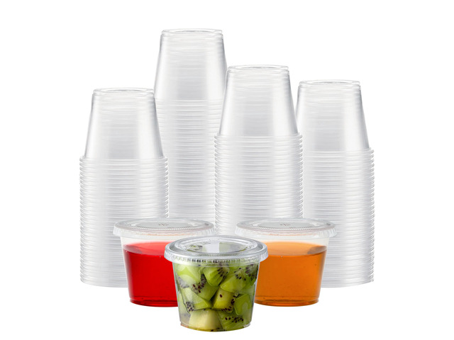 Plastic Portion Cups with Lids [5.5 oz-100 Sets] Souffle Cups, Jello Shot Cups, Condiment Sauce Containers For Sampling, Sauce, Snack or Dressing