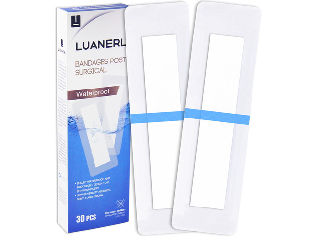 30 Pack 4'x14' Waterproof Adhesive Island Dressing for Post-Surgery Recovery Sterile Bordered Gauze Bandages with Non-Stick Pad for Knee/Hip...