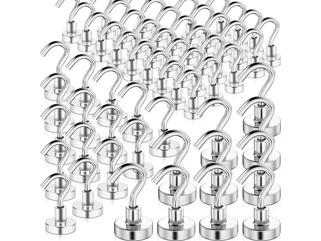 50 Pcs Magnetic Hooks Heavy Duty, 3 Different Size Strong Rare Earth Magnet Hooks for Hanging, Refrigerator, Neodymium Magnets with Hooks for Grill...
