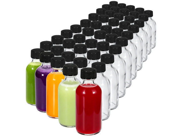 50-Pack 2 oz (60ml) Small Glass Boston Round Bottles with Lids Leak-Proof Mini Travel Containers for Ginger Shots, Juice, Whiskey, Vanilla Extract,...