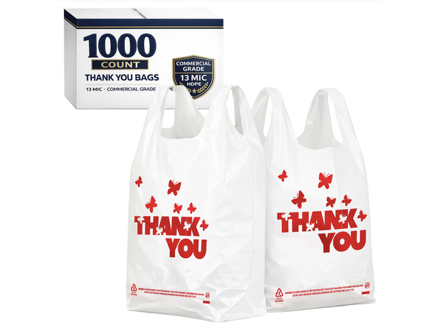 1000 Count White Thank You T-Shirt Bags, 11 x 6 x 21 in Durable HDPE with handles, Thank You print, reusable & disposable for grocery, retail,...