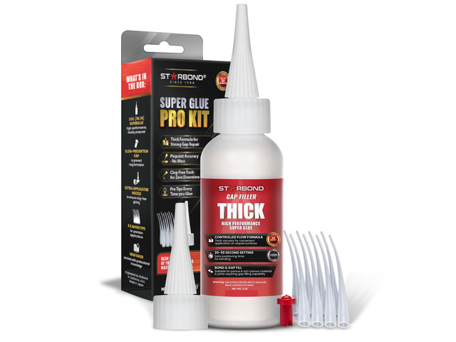 Thick Super Glue Pro Kit (2 oz) Gap-Filling CA Glue (Cyanoacrylate Adhesive) with Clog-Resistant Cap, Microtips & Extra Nozzle for Woodworking,...