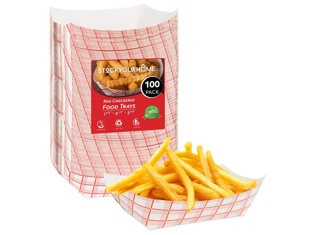 Medium Paper Food Boats (100 Pack) 2 lb Disposable Red & White Checkered Trays, Eco-Friendly Serving Boats for Concessions, Nachos & Condiments...