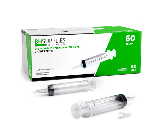 60mL Syringe Catheter Tip Sterile with Caps - (No Needle) - Sterile, Individually Wrapped - 50 Syringes