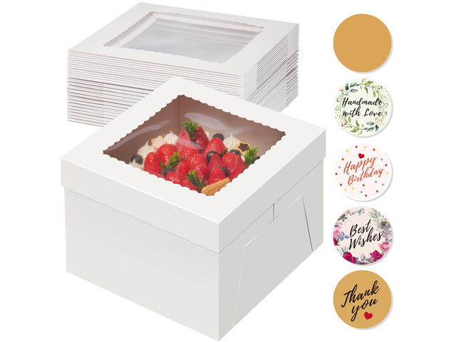15 Pack Cake Boxes 12 inch, 12x12x8 Tall Cake Box with Clear Window 12 Inch Cake Box with Stickers, Thick Cardboard, Large Transport Container,...