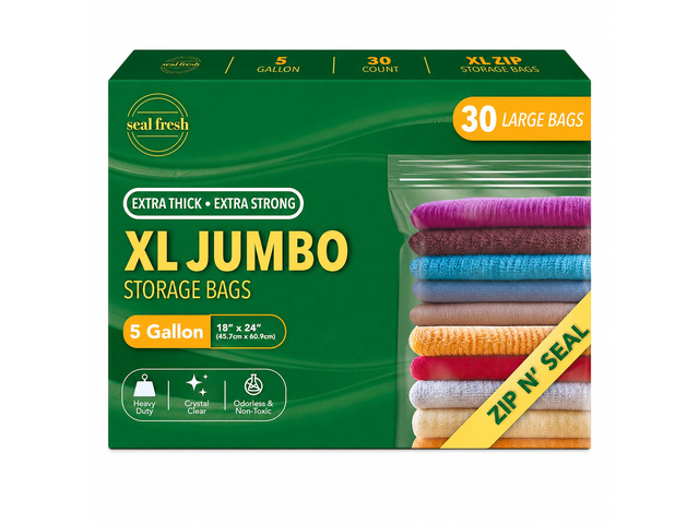 5 Gallon Large Plastic Storage Bags 18' x 24' (30 Count) Reusable XXL Extra Large Clear Jumbo Zip Bags with Sealable Zipper Top For Clothes,...