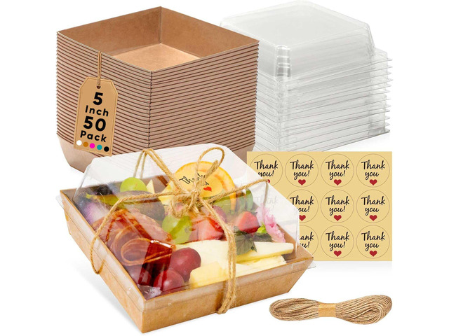 50 Pack 5in Small Charcuterie Boxes with Clear Lids, Mini Paper Containers Disposable Grease-Proof Dessert Packaging, Food Containers For...