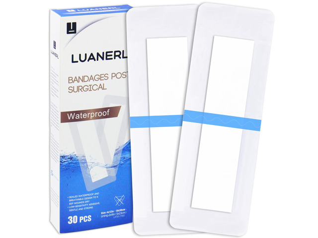 30 Pack 4'x12' Waterproof Adhesive Island Dressing for Post-Surgery Recovery Sterile Bordered Gauze Bandages with Non-Stick Pad for Knee/Hip...