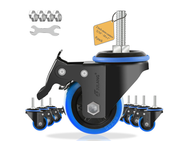 2 inch Stem Caster Wheels, 5/16' Threaded Stem Casters Set of 8 Blue, 1160 Lbs, 5/16'-18x1', Smooth & Quiet-Rolling, Castor Wheels for Cart, Tool...