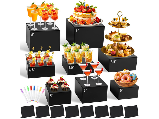 8Pcs Black Acrylic Buffet Risers with Mini Sign and Marker, Food Display Risers for Party Catering Dessert Jewelry, Acrylic Cube Nesting Boxes with...