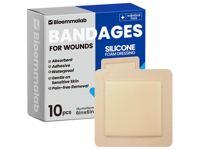 Large Waterproof Bandages 6x6 Silicone Foam Dressing Sensitive Skin, 10 PCS Wound Dressing, Adhesive Cohesive Pad with Border, First Aid,...