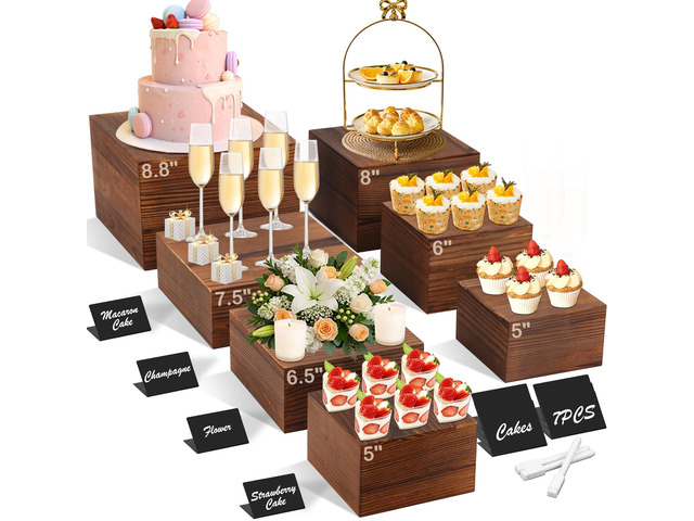7 Pack Wooden Risers Display Stands with Acrylic Maker Pen and Mini Sign, Food Risers for Buffet Table Shelf Display Stand for Party Catering...