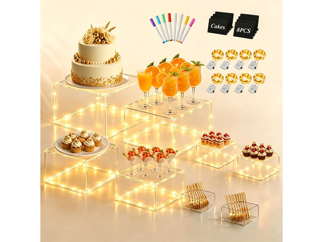 8 Pcs Clear Acrylic Buffet Risers with LED Fairy Lights, Acrylic Food Risers with Mini Sign and Maker, Clear Buffet Risers and Stands for Party...