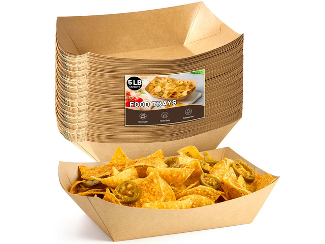 50 Pack 5 LB Extra Large Paper Food Trays Disposable, Kraft Paper, Nacho Trays, Food Boats, Party Serving Baskets, For Sandwiches Burgers Popcorns...