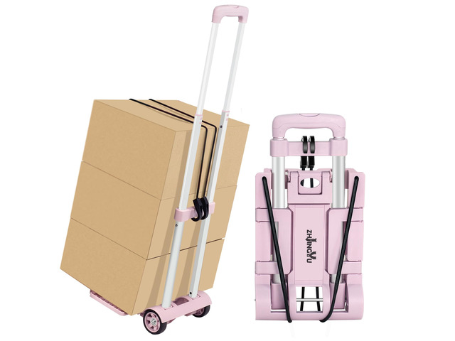 Folding Dolly Pink Hand Cart,Folding Hand Truck Aluminum Trolley Small Dolly, Foldable Hand Cart 2 Wheel Luggage Trolley Expandable Large Chassis...
