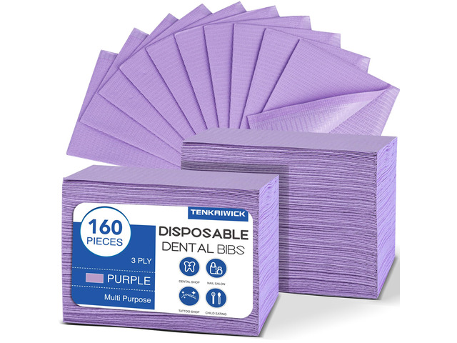 160 Pack Disposable Dental Bibs 13'x18'3-Ply Waterproof Tattoo Bibs Sheet for Nail SalonDental ClinicFeedingTattoo Shop (Purple)