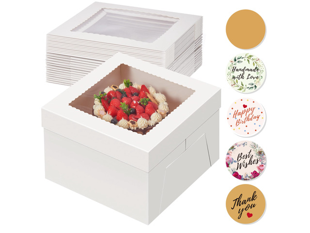 15 Pack Cake Boxes 12 inch, 12x12x6 Tall Cake Box with Clear Window 12 Inch Cake Box with Stickers, Thick Cardboard, Large Transport Container,...