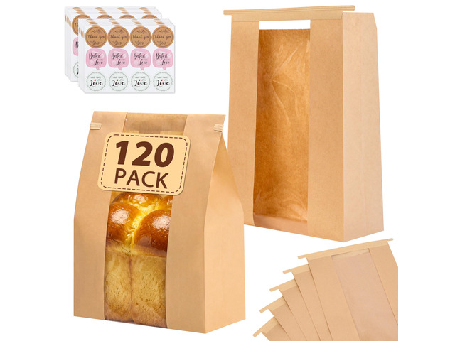 120pcs Bread Bags for Homemade Bread with Tab, 13.7x8.3x3.5In 144 Label Seal Stickers, Clear Front Window, Tin Tie Tab, Large Paper Sourdough Bread...