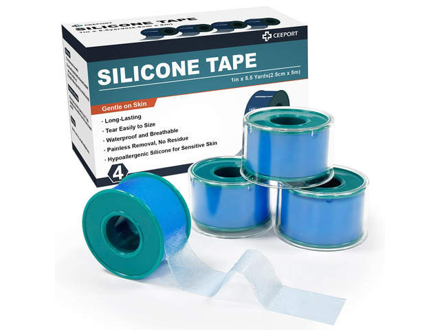Silicone Tape 4 Rolls Medical Waterproof for Sensitive Skin 1'x5.46 Yds Surgical Tape for Wound, Pre-Cut, Easy Tear, Strong Adhesion, Latex-Free,...