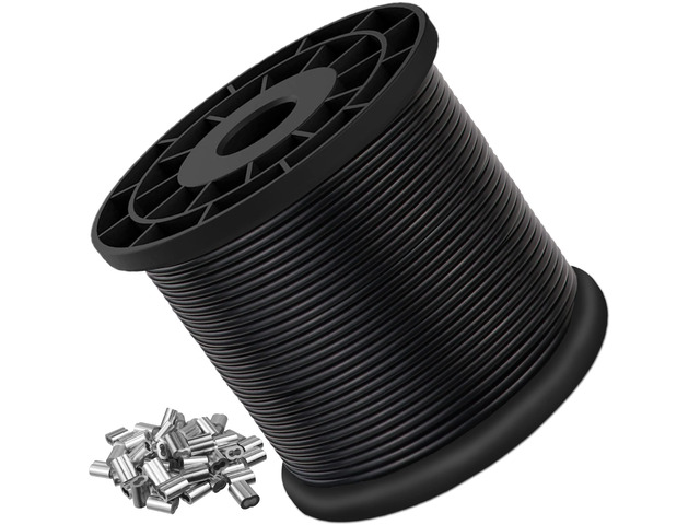 Vinyl Coated Wire Rope, 304 Stainless Steel Cable, 1/16' to 3/32', 200FT Black coated wire cable with 60 crimping sleeves, ideal for string lights,...