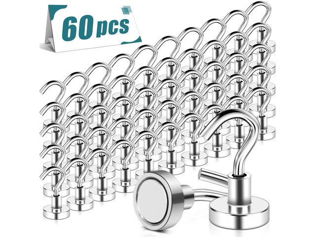 60 Pack Magnetic Hooks Heavy Duty, 25 lbs Strong Earth Magnet Hooks for Hanging, Cruise, Refrigerator, Extra Strong Neodymium Magnets with Hooks...