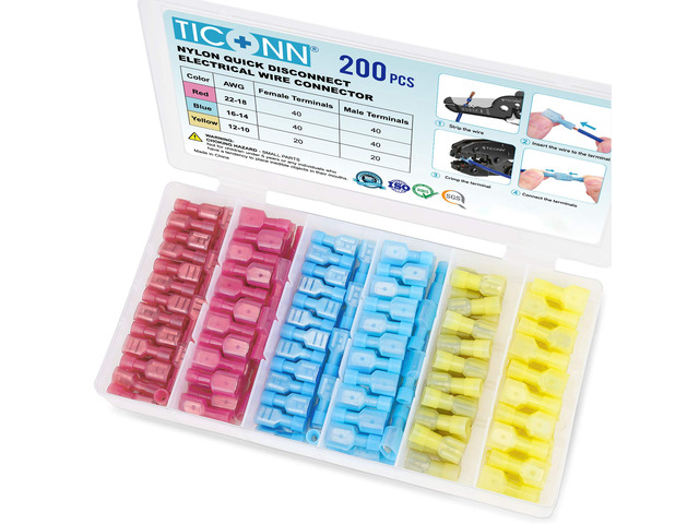 200 Pcs Nylon Spade Connector Kit, Insulated Crimp Wire Connectors Corrosion Resistant Thick Tinned Copper Terminals, Nylon Insulated, Color-Coded...
