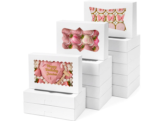 48pcs Cookie Boxes with 3 Style Window, 12x8x2.5In Bakery Boxes Auto-Popup Food-grade White Treat Boxes, Dessert Boxes for Chocolate Covered...