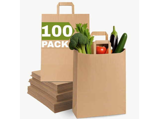12x7x17 Large Brown Paper Grocery Bags, 100pcs Large Brown Paper Bags with Handles Bulk for Take Out, Restaurant, To Go, Retail, Shopping
