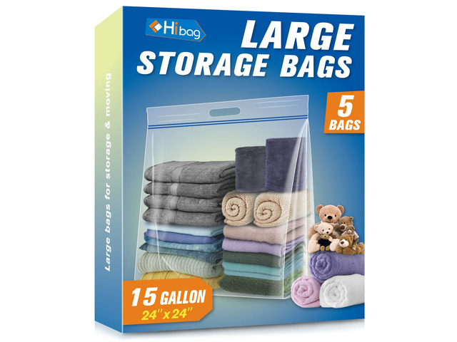 15 Gallon Large Storage Bags, 24 x 24 Resealable Clear Bags with Handle, Extra Large XL Heavy Duty for Clothes Pillow Travel Moving, Pack of 5