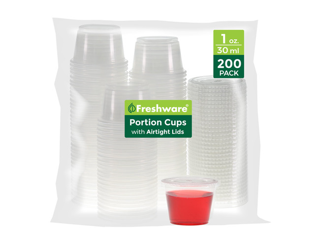 Plastic Portion Cups with Lids [1 Ounce, 200 Sets] Disposable Plastic Cups for Meal Prep, Salad Dressing, Jellos Shot Cups, Souffle Cups, Condiment...