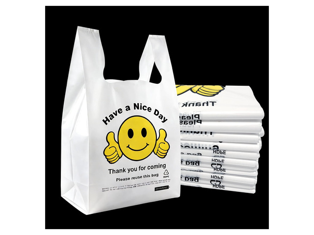 Thank You Plastic Bags with Handles 11.5 x 6.5 x 21, 0.55 Mil HDPE T-Shirt Grocery Bags, Smiley Thumbs Up Design, Semi-Transparent White, 1050...