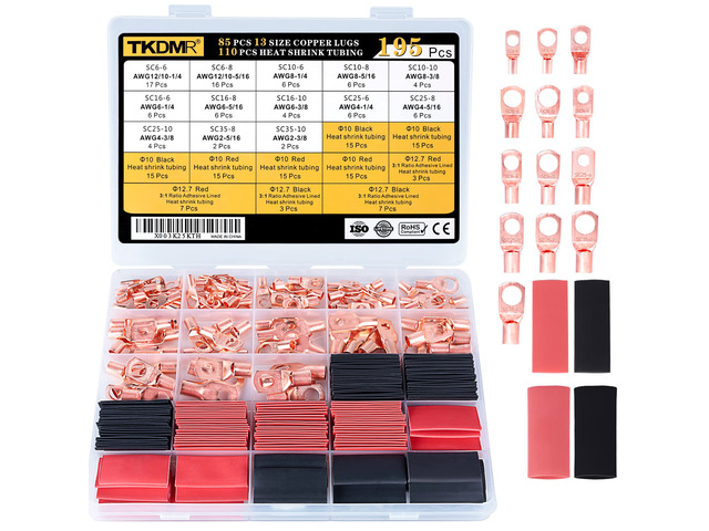 195Pcs Copper Wire Lugs AWG2 4 6 8 10 12 with Heat Shrink Set, 85Pcs Battery Cable Lugs Battery Cable Ends Ring Terminals Connectors with 110Pcs...