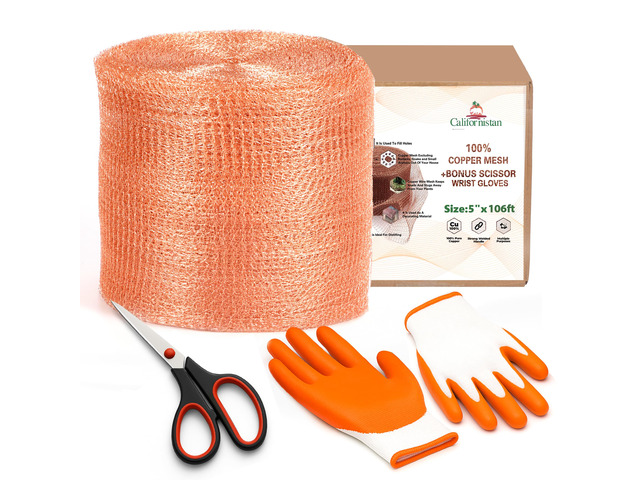 Copper Mesh Rodent Control Roll, 5 in x 106 ft, with Scissors and Gloves Rustproof Copper Mesh Roll for Rodent, Bat and Snail Control, Hole...