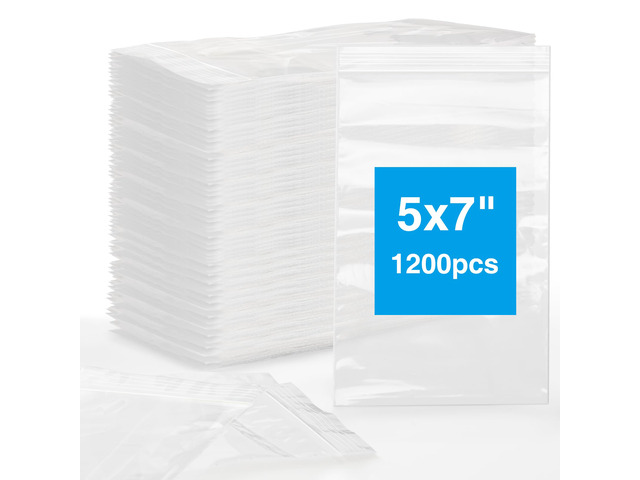 1200Pcs 5' x 7' Clear Plastic Zip Bags, 2 Mil Thick Zip Seal, Reclosable Poly Bag for Travel, Storage, Packaging, Home Organization, Gift Packaging