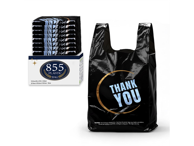 855 Pack Black T-Shirt Bags with Handles, 11.5'x6.25'x21' Durable HDPE Plastic Shopping & Carry-Out Bags for Grocery, Retail, Takeout & Small Business
