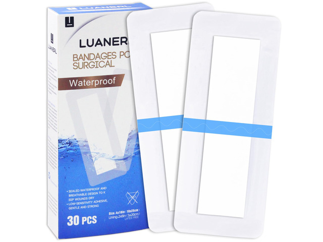 30 Pack 4'x10' Waterproof Adhesive Island Dressing for Post-Surgery Recovery Sterile Bordered Gauze Bandages with Non-Stick Pad for Knee/Hip...