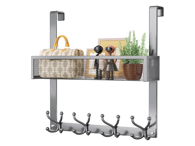 Over The Door Hooks Organizer - 2 Tier Over Door Hanger with 16 Hooks & 2 Baskets for Hanging Coat, Clothing, Towel, Back Storage for Bathroom,...