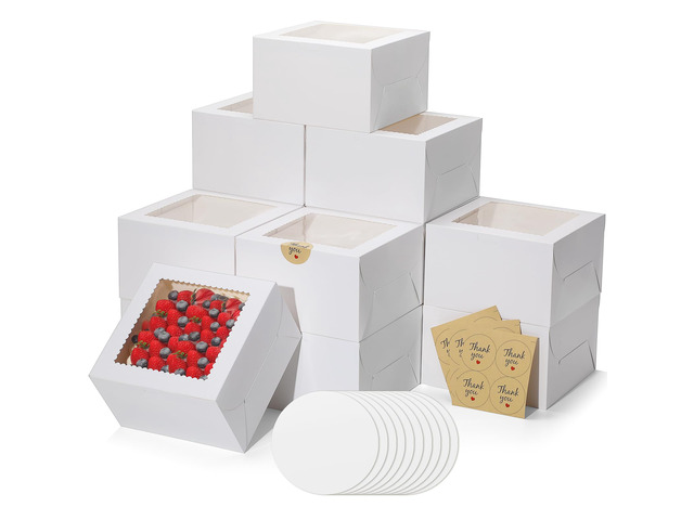 48Pack 8 inch Small Cake Boxes with Cake Board and Stickers Mini White Bento Cake Box for Small Cakes, Cookies, Birthday, Party, Wedding, Mother's...