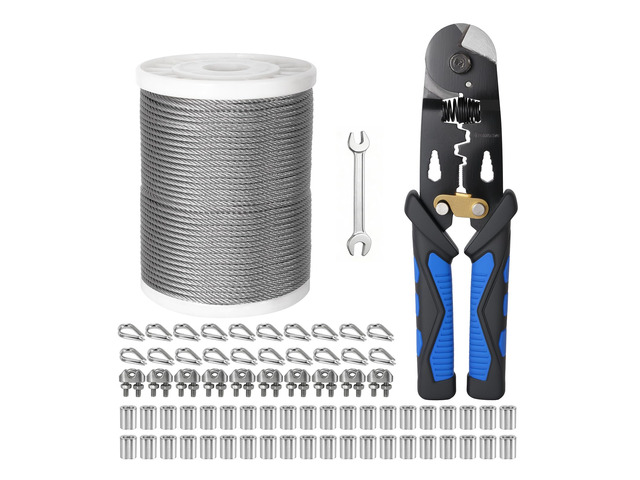 1/8 Inch Stainless Steel Cable 200FT,- 7x7 Strand Aircraft Wire Rope,with Loop Sleeve and Steel Thimble,Wire Clamp Clip,Outdoor Hanging kit, Garden...
