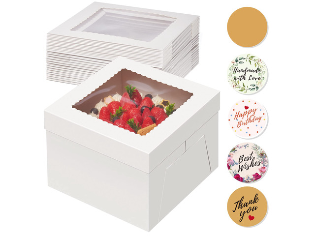 15 Pack Cake Boxes 10 inch, 10x10x8 Tall Cake Box with Clear Window 10 Inch Cake Box with Stickers, Thick Cardboard, Large Transport Container,...