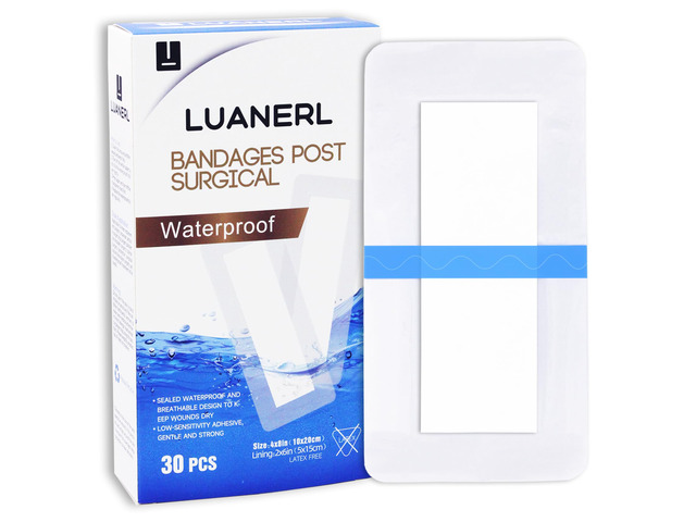 30 Pack 4'x 8' Waterproof Adhesive Island Dressing for Post-Surgery Recovery Sterile Bordered Gauze Bandages with Non-Stick Pad for Knee/Hip...