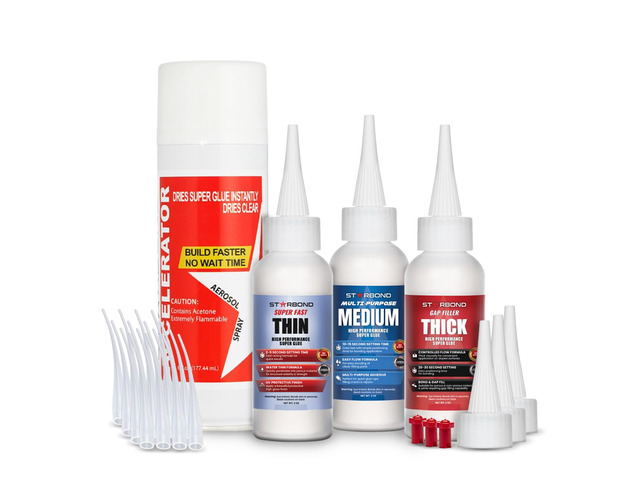 CA Glue with Activator Kit Thin, Medium & Thick 2 oz Bottles with 6 oz Accelerator Premium Cyanoacrylate Super Glue Bundle for Woodworking,...