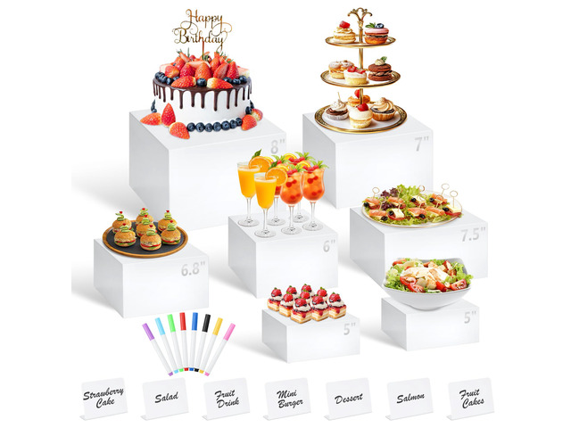 7Pcs White Acrylic Buffet Risers with Mini Sign and Marker, Food Display Risers for Party Catering Dessert Jewelry Collectibles,Acrylic Cube...