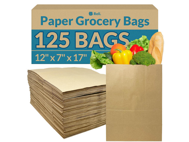 Paper Grocery Bags (125 Pcs Bulk) (12x7x17) 70 Lbs Basis, Extra Heavy Duty Brown Paper Bag, Large Grocery Kraft Sacks Takeout, Restaurant,...