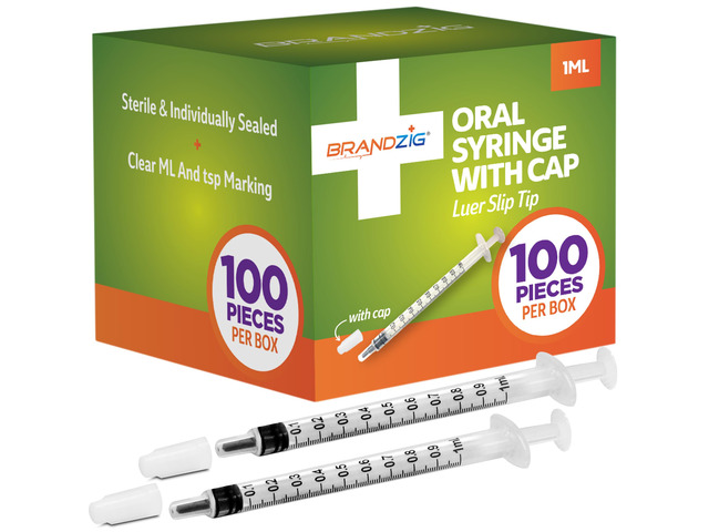 1ml Syringe with Cap (100 Pack) Oral Dispenser Without Needle, Luer Slip Tip, Sterile Individually Wrapped Medicine Dropper for Infants, Pets...