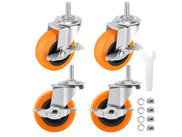 Caster Wheels with Threaded Stem, 3 Inch Locking Swivel Casters Set of 4 3/8'-16 x 1 (Screw Diameter 3/8', Length 1') Polyurethane Swivel Castors,...