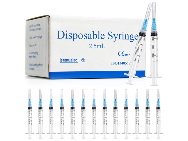 100 Pack 2.5ml Syringes with Needle - 23G 1 inch Disposable 2.5cc Luer Lock Syringe for Scientific Lab Use, Sterile Individually Wrapped