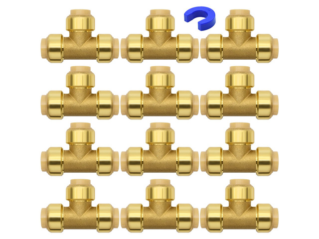 12 Pack 1/2' Pushfit Tee Fittings with Disconnect Clip for Copper, PEX, CPVC Pipe
