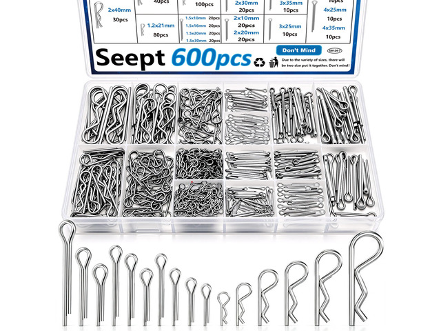 600Pcs 304 Stainless Steel Cotter Pins Assortment Kit - Hitch Pin Clips for Locking Systems Ideal for Farm Tools, Tractor Implements, and...